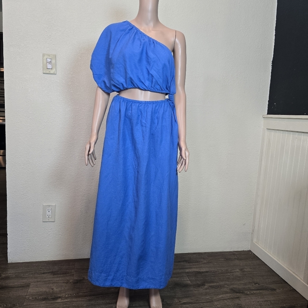 Farm Rio Copacabana Women's Blue Tie Knot One Shoulder Cutout Midi Dress Size M - Picture 12 of 16